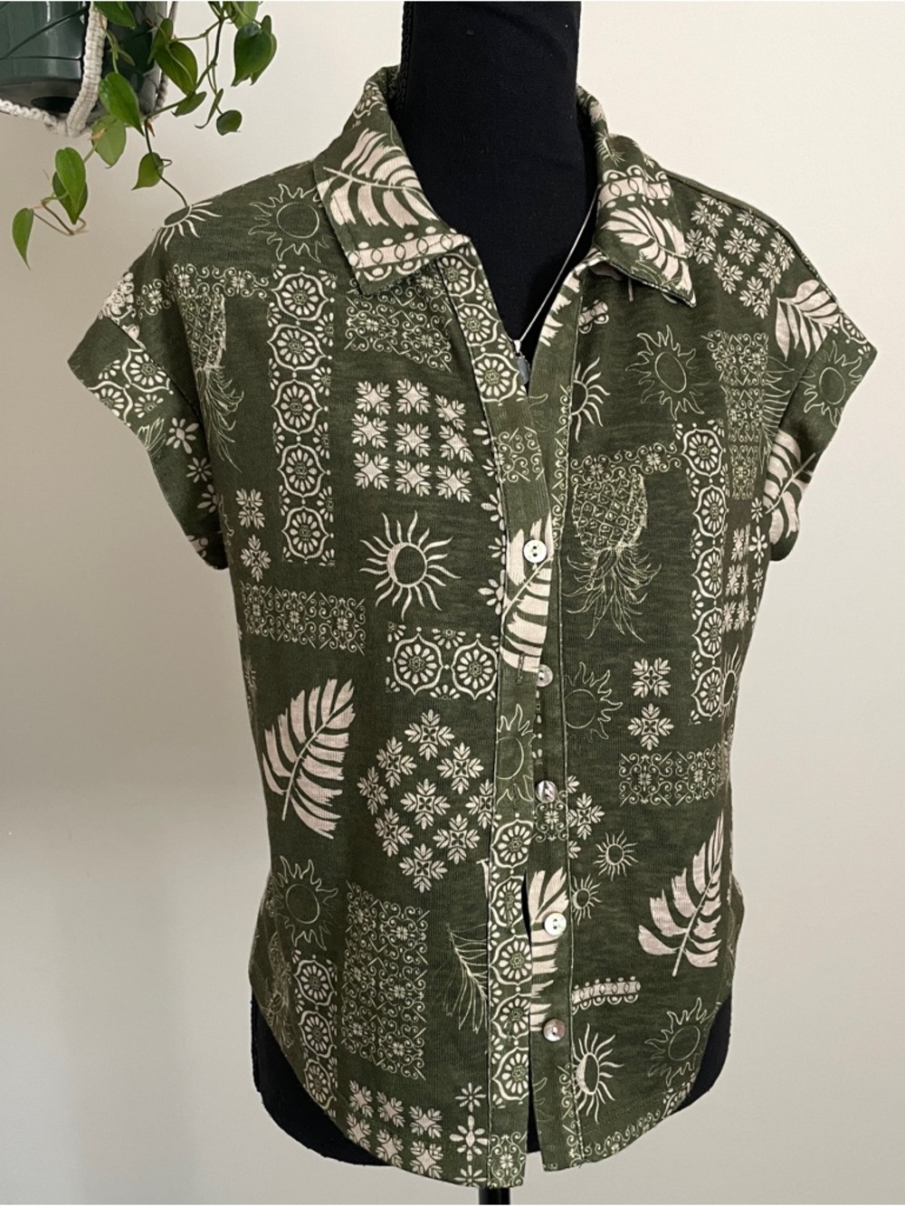 Olive Green Printed Button-Up Camp Shirt